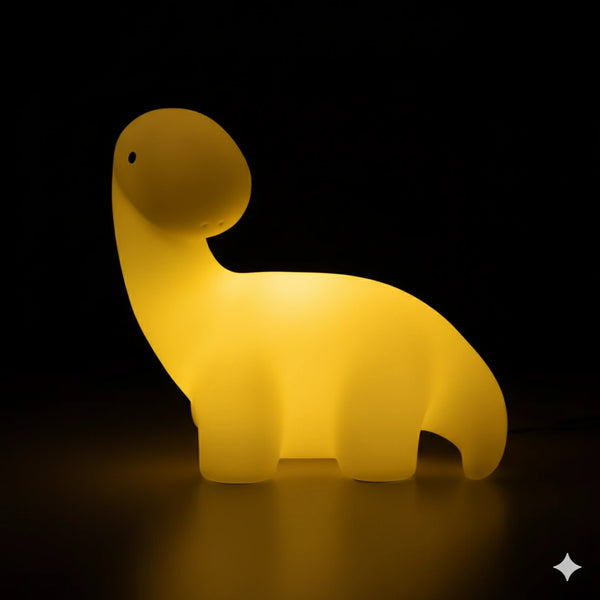 Veilleuse bébé dinosaure long cou en couleur blanc chaud, pour une lumière douce, réconfortante et intemporelle.