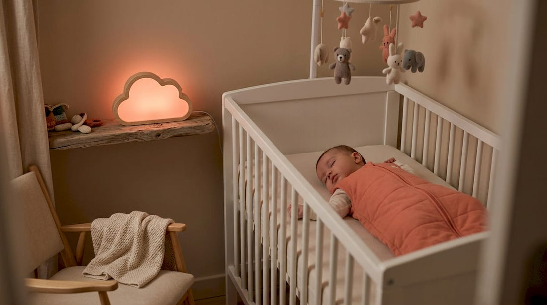 Le petit dort sereinement, bercé par la douce lumière de sa veilleuse.