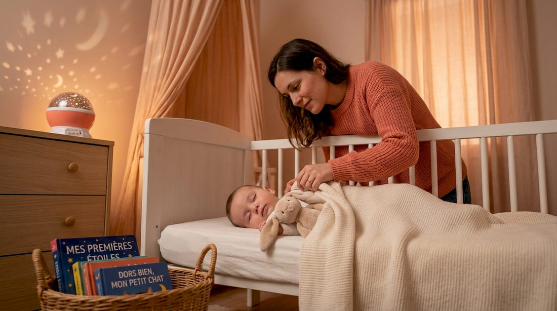 Une maman installe son bébé dans la chambre et allume une veilleuse qui projette des étoiles au plafond pour l’apaiser.