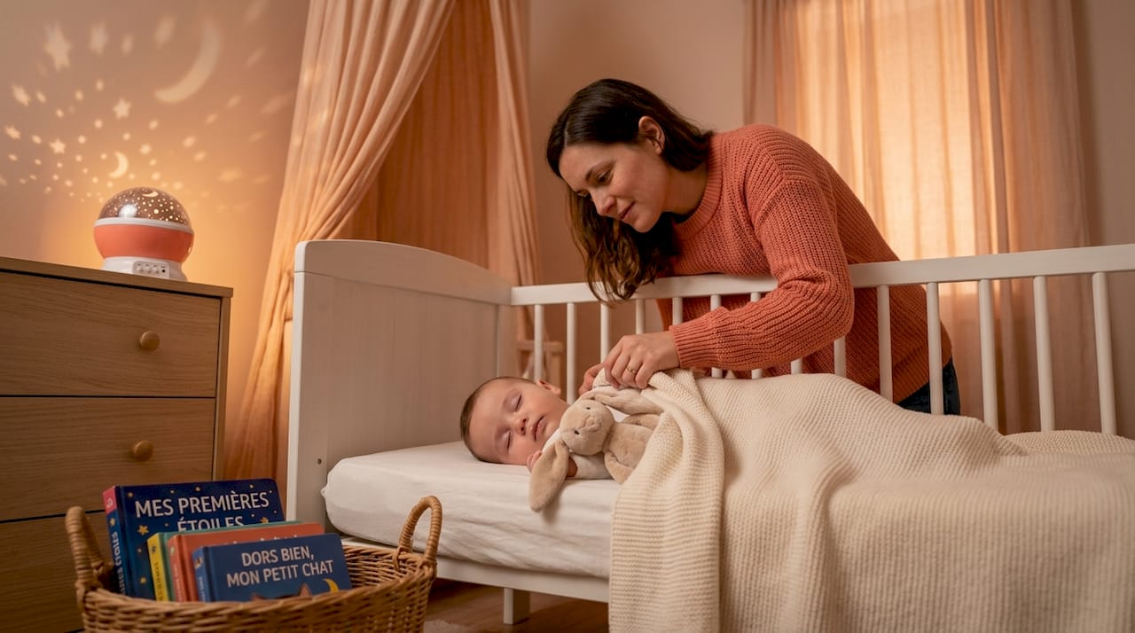 Une maman installe son bébé dans la chambre et allume une veilleuse qui projette des étoiles au plafond pour l’apaiser.