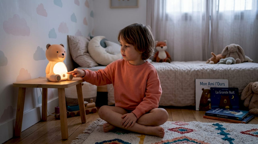 Dans sa chambre, l’enfant allume sa veilleuse en forme de lapin.
