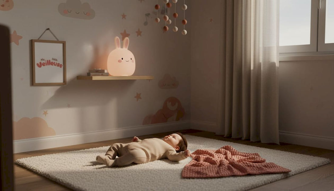 Un bébé s’endort paisiblement, bercé par la douce mélodie de sa veilleuse allumée.
