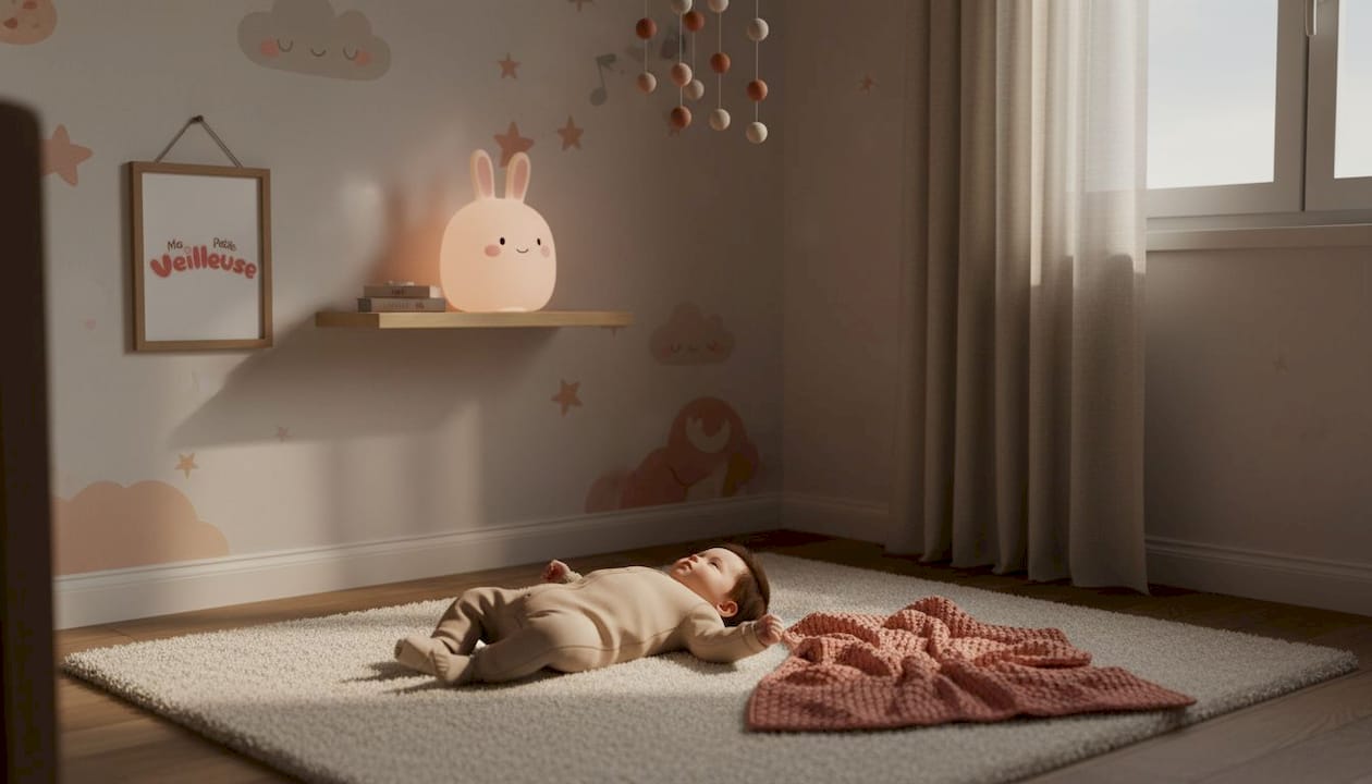 Un bébé s’endort paisiblement, bercé par la douce mélodie de sa veilleuse allumée.