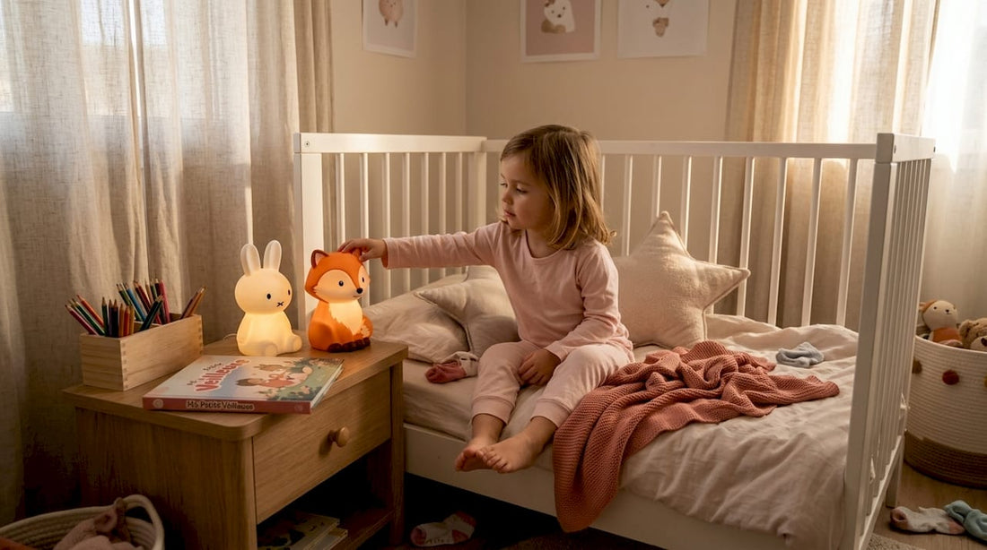 Un enfant s'endort paisiblement dans sa chambre, bercé par la douce lumière de veilleuses en forme de lapin et de renard.