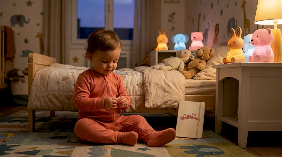 Un enfant s'endort paisiblement dans sa chambre, entouré de veilleuses en forme d'animaux qui diffusent une douce lumière.
