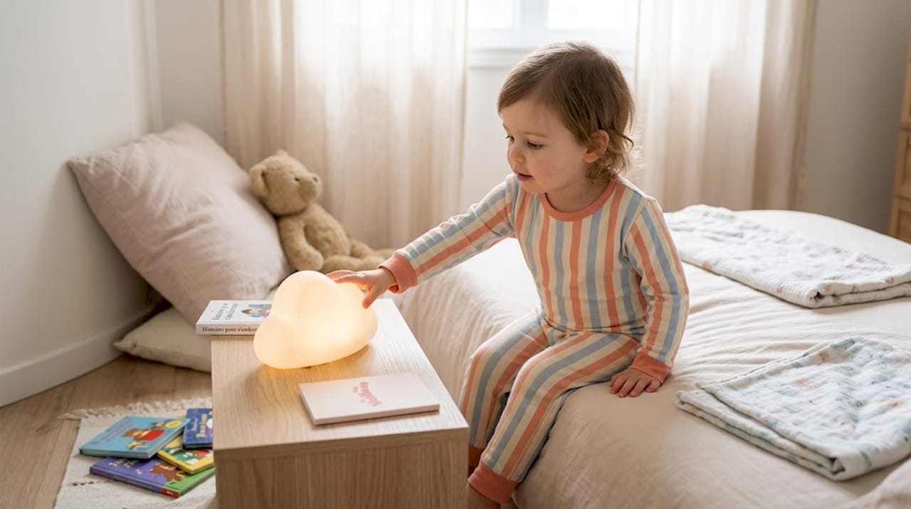 Un enfant s'endort paisiblement grâce à sa veilleuse toute douce en forme de peluche.