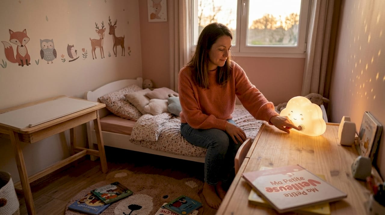 Un parent règle la veilleuse à projection dans la chambre de son enfant.