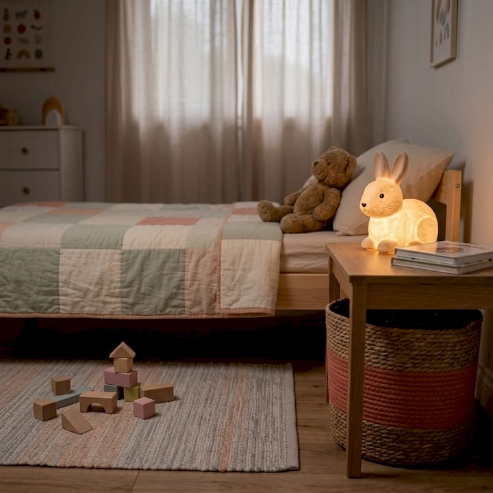 Dans la chambre de l’enfant, une veilleuse en forme de lapin apporte une touche de douceur et rassure pendant la nuit.