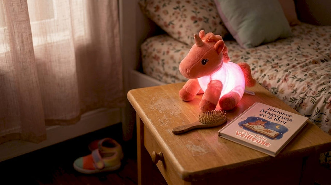 Une veilleuse licorne toute douce illumine la chambre, créant une ambiance chaleureuse et réconfortante.