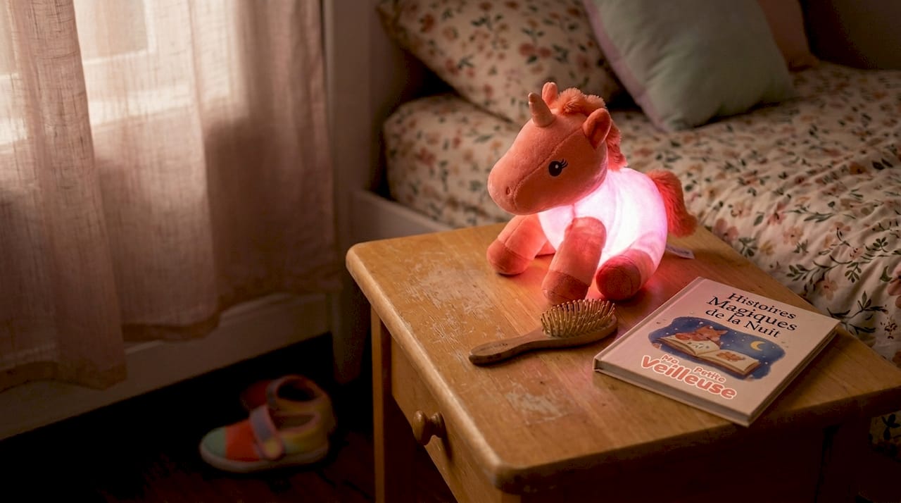 Une veilleuse licorne toute douce illumine la chambre, créant une ambiance chaleureuse et réconfortante.