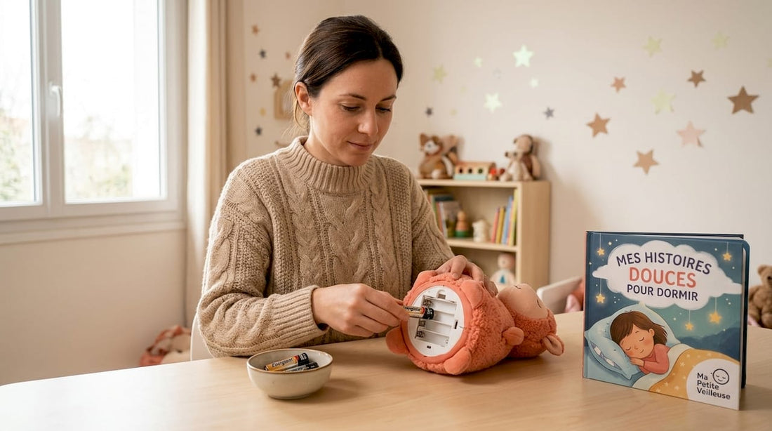Remplacer la pile de la veilleuse en peluche posée sur la table du salon