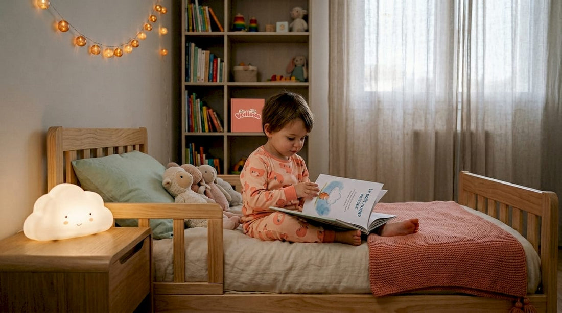 Un enfant plongé dans sa lecture, installé au calme dans sa chambre doucement éclairée, alors que la nuit est déjà tombée.