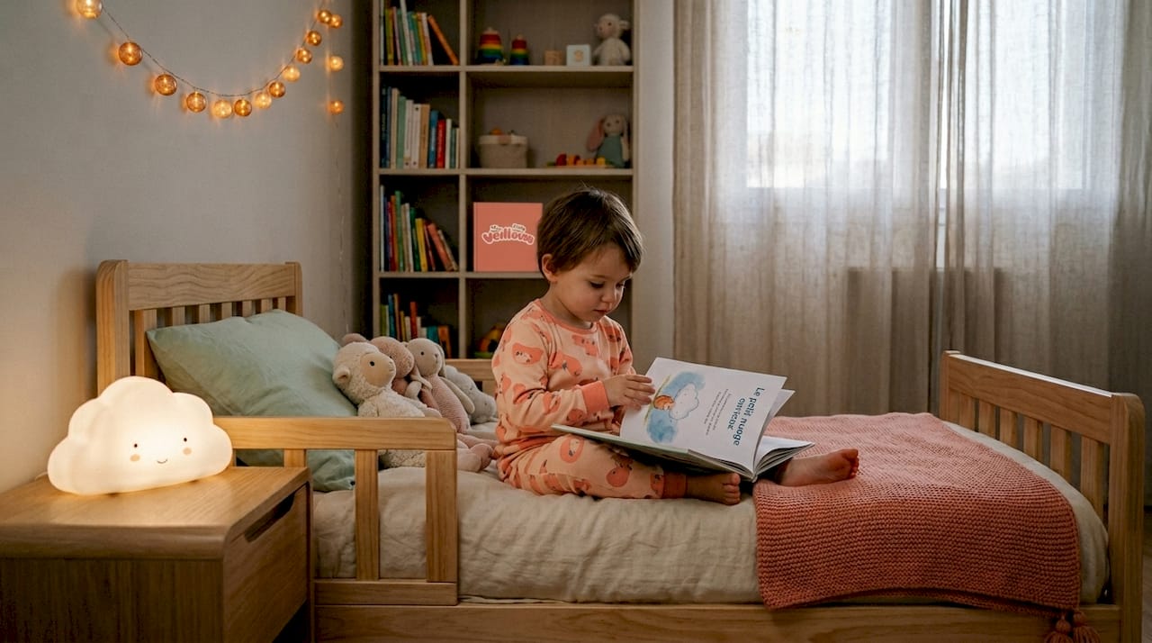 Un enfant plongé dans sa lecture, installé au calme dans sa chambre doucement éclairée, alors que la nuit est déjà tombée.