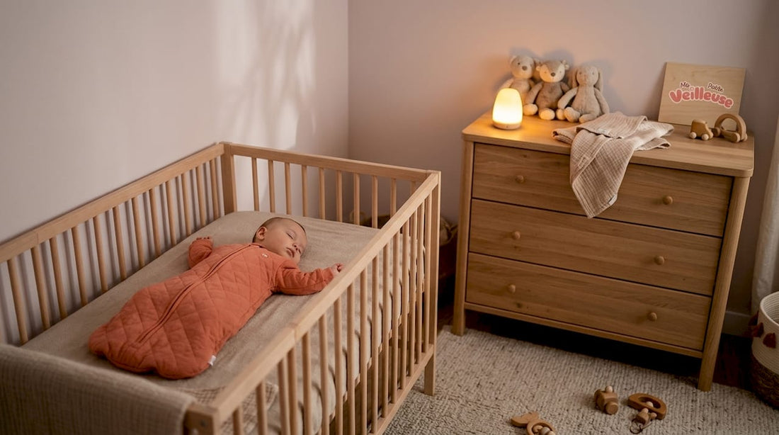 Un bébé paisiblement endormi dans sa chambre, baigné par la douce lumière d’une veilleuse.