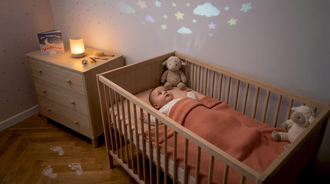 Un bébé qui observe les petites étoiles projetées au-dessus de son berceau, les yeux grands ouverts, fasciné par ce ciel magique créé rien que pour lui.