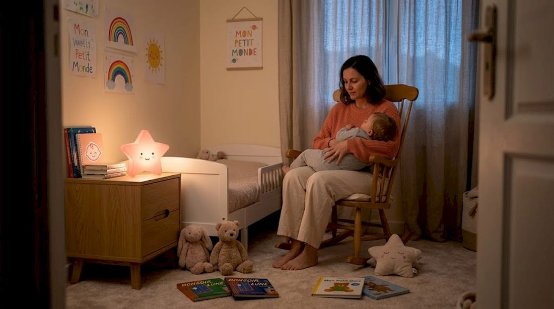 Une maman borde son petit avant de lui allumer sa veilleuse pour la nuit.