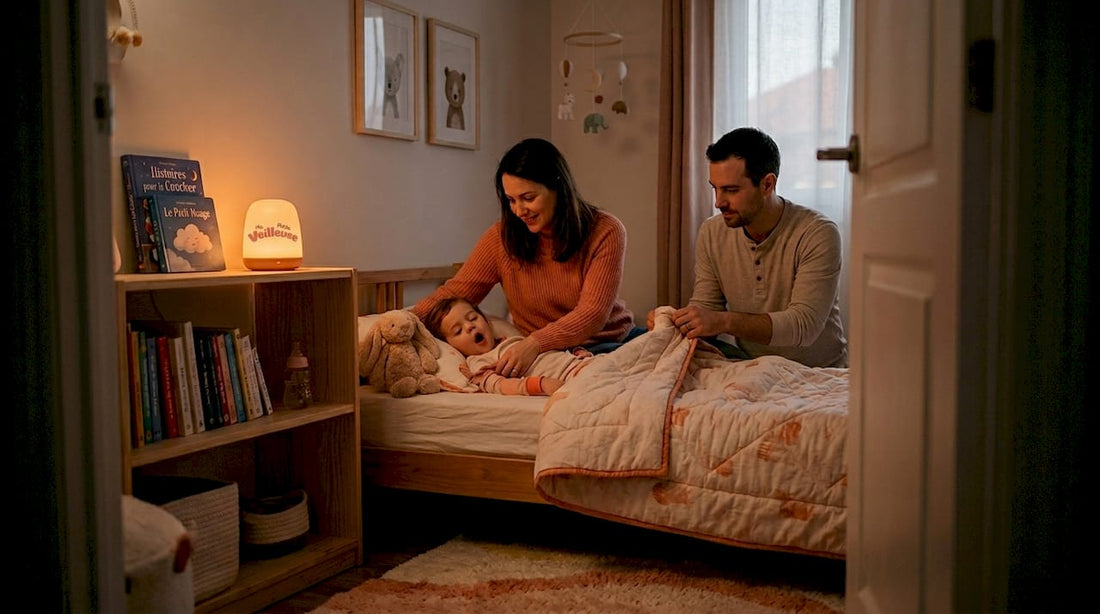 Les parents préparent leur enfant pour le rituel du coucher, en prenant le temps de raconter une histoire, de faire un dernier câlin et de créer une ambiance apaisante avant qu’il ne s’endorme.
