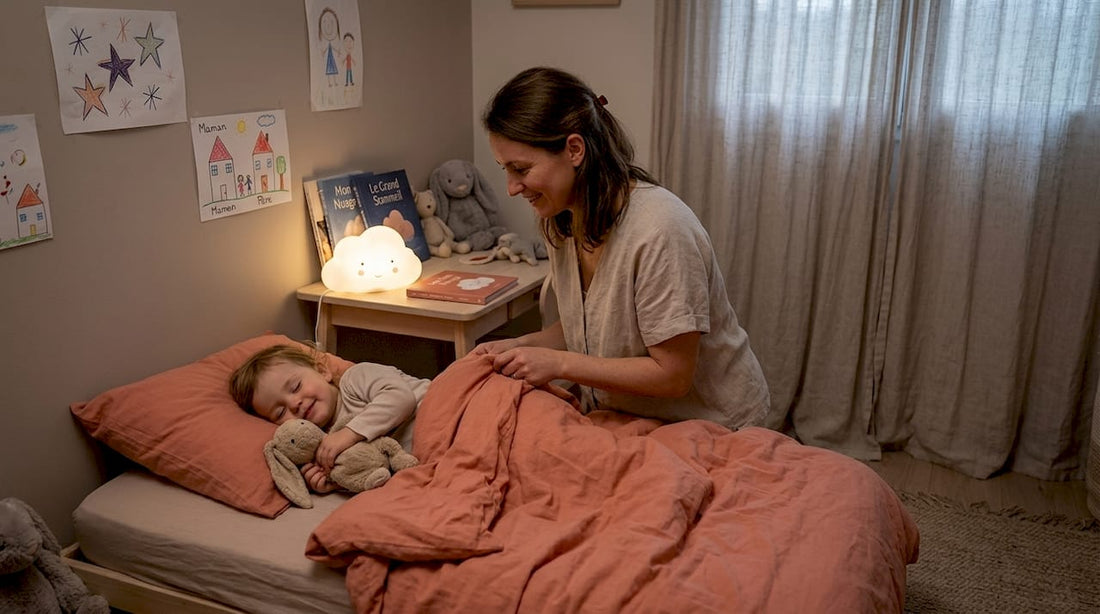 Une maman borde tendrement son enfant dans son lit, la veilleuse diffusant une lumière douce dans la chambre.