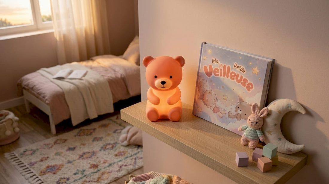Idées déco pour chambre d’enfant : veilleuse en silicone et peluche lumineuse pour des nuits tout en douceur.