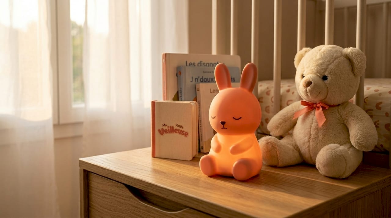 Petite veilleuse en silicone toute douce, idéale à poser sur la table de chevet de bébé.