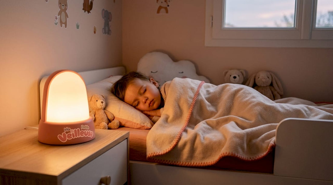 Une chambre d’enfant doucement éclairée par une veilleuse pendant la nuit.