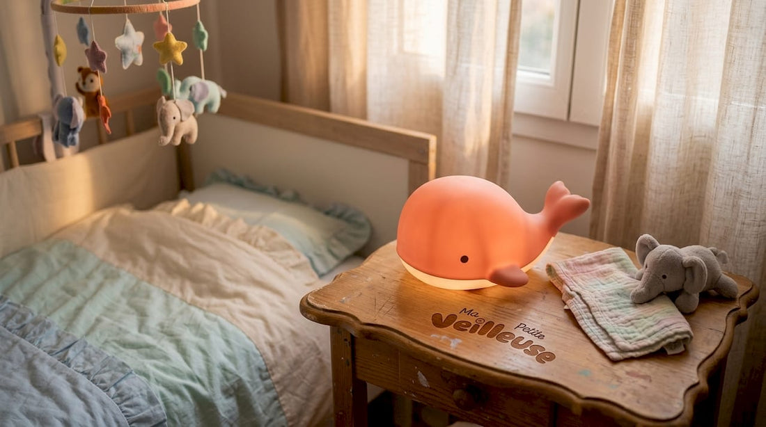 Cette veilleuse en forme de baleine diffuse une lumière douce et rassurante, parfaite pour créer une ambiance apaisante dans la chambre de bébé.