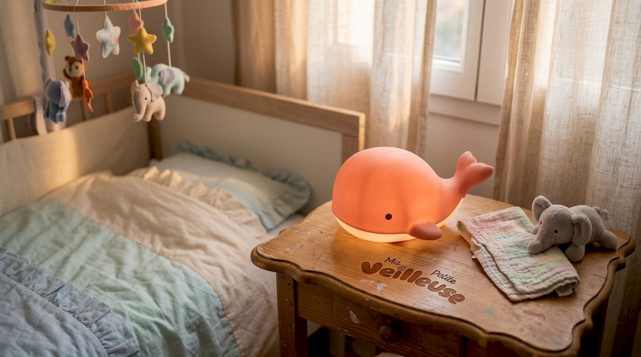 Cette veilleuse en forme de baleine diffuse une lumière douce et rassurante, parfaite pour créer une ambiance apaisante dans la chambre de bébé.