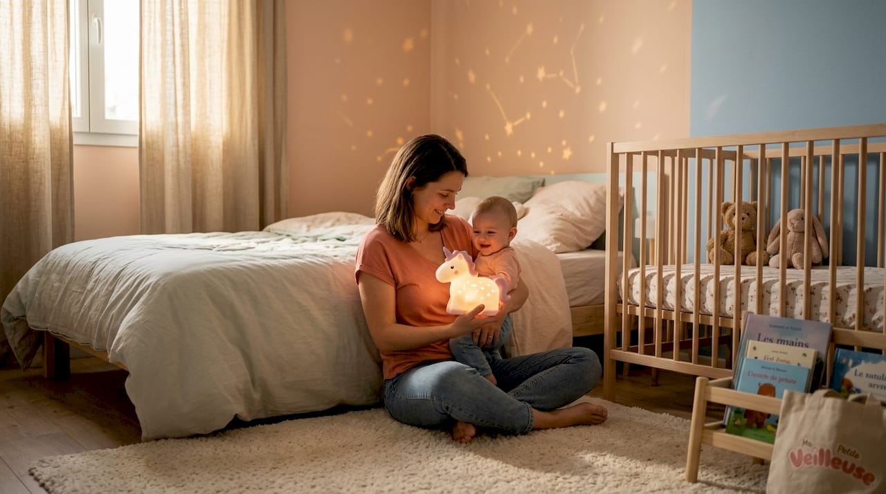 Une maman berce tendrement son bébé tout en tenant une veilleuse licorne en peluche.