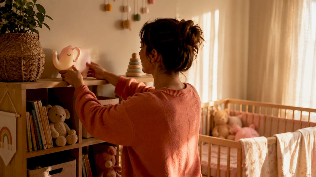 Un parent installe une veilleuse en forme d’éléphant dans la chambre de son bébé pour créer une ambiance douce et rassurante.