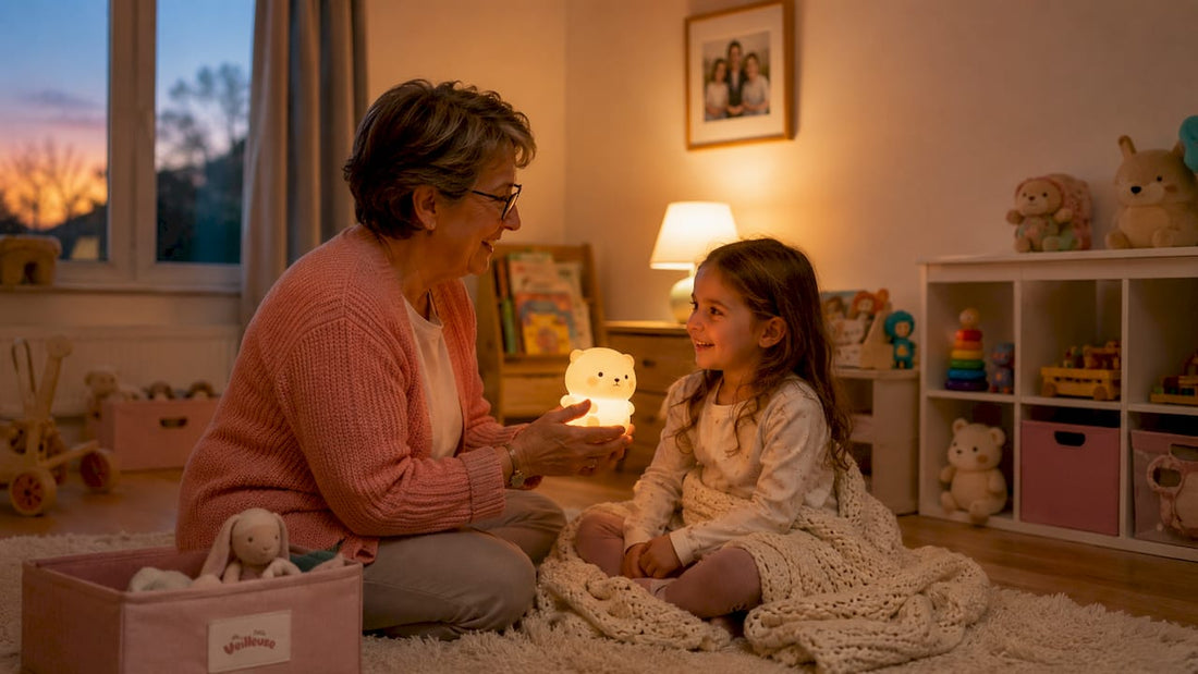 Une grand-mère offre une veilleuse à sa petite-fille pour qu’elle n’ait plus peur dans le noir.