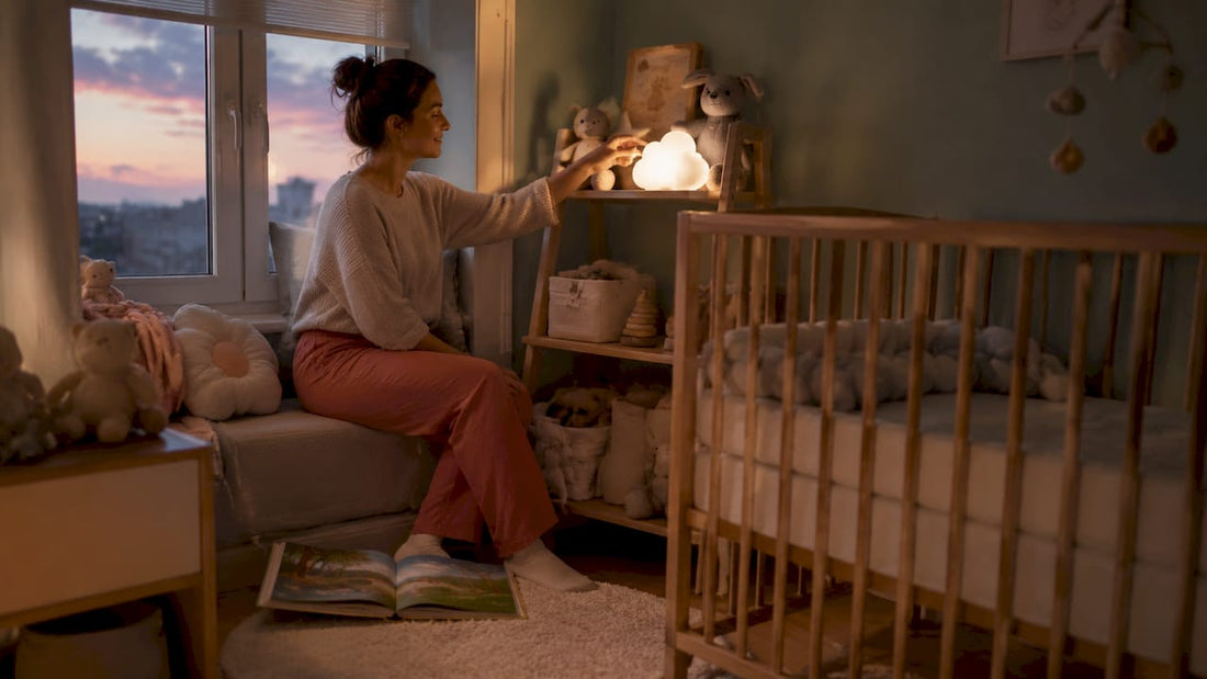 Une maman règle délicatement la veilleuse douce à côté du lit de son bébé pour créer une ambiance rassurante.