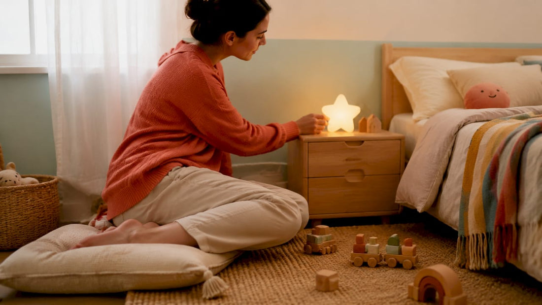 Un parent ajuste délicatement une jolie lampe en forme d’étoile dans la chambre de son enfant.