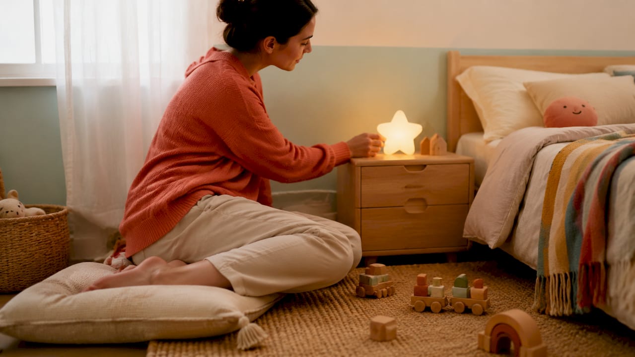 Un parent ajuste délicatement une jolie lampe en forme d’étoile dans la chambre de son enfant.
