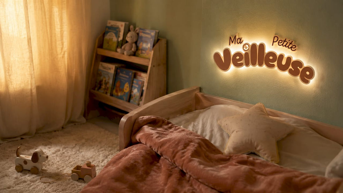 Lampe veilleuse personnalisée avec le prénom de l’enfant, idéale pour décorer sa chambre et créer une ambiance douce et rassurante.