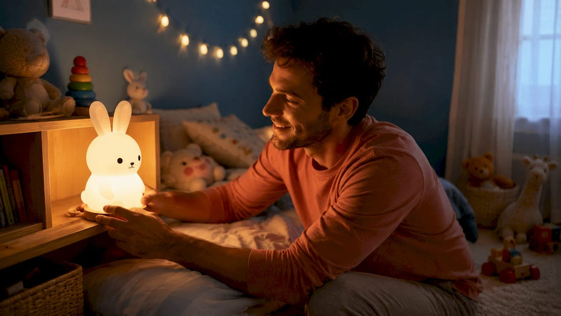 Un papa installe une veilleuse originale dans la chambre de son enfant pour créer une ambiance rassurante et ludique.