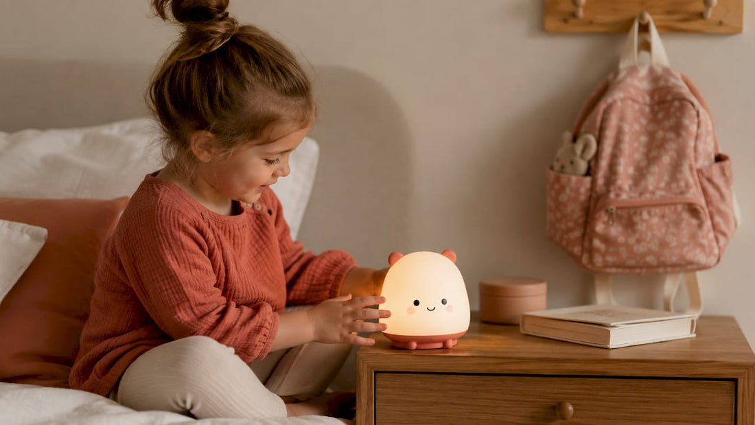 Un enfant découvre, émerveillé, des veilleuses en forme d’étoile qui illuminent sa chambre dans la pénombre.