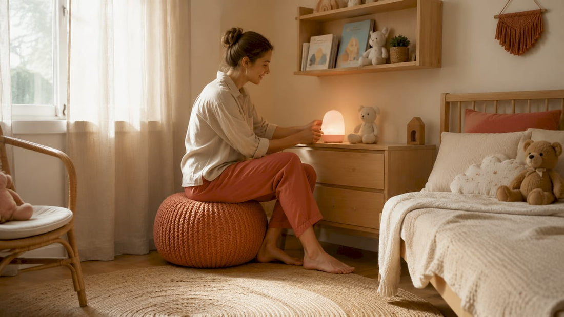 Une maman installe une petite lumière douce dans la chambre de son bébé pour créer une ambiance rassurante.
