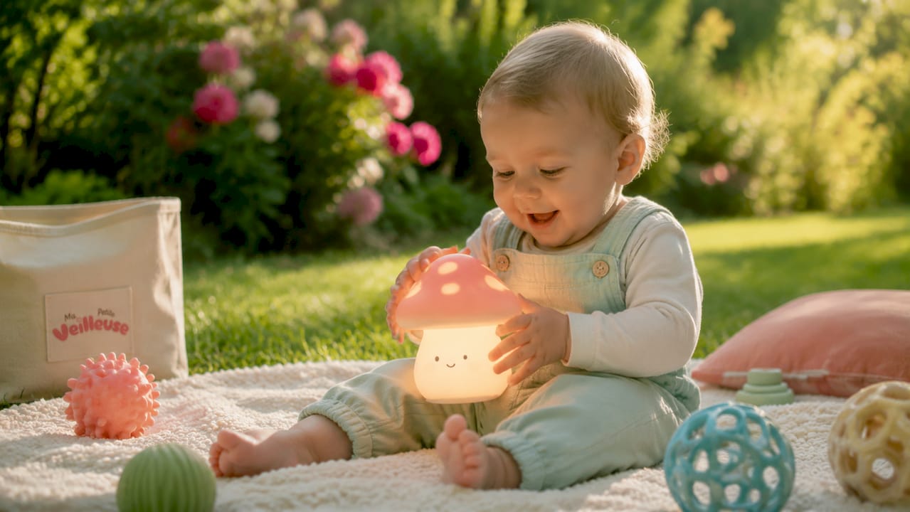 Un tout-petit s'amuse avec une veilleuse interactive en silicone, idéale pour stimuler sa curiosité tout en douceur.