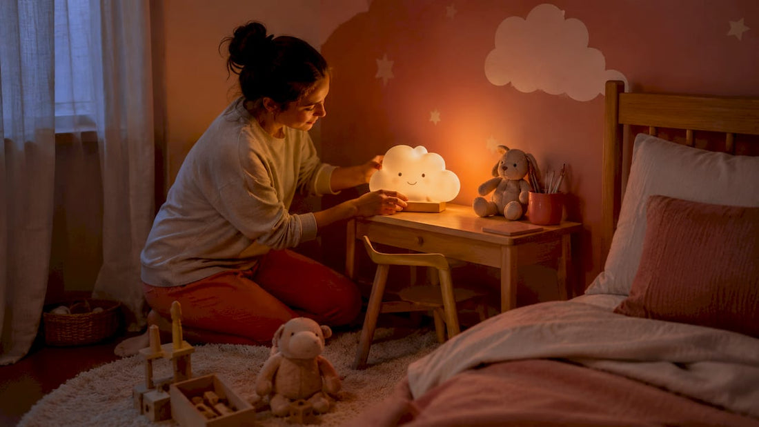 Une maman ajuste délicatement la veilleuse à côté du lit de son bébé pour créer une ambiance douce avant le coucher.