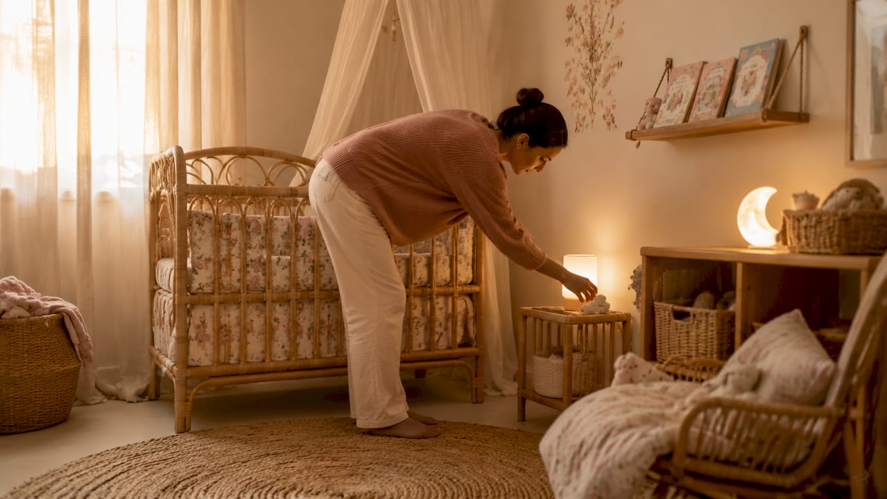 Un parent règle l’intensité de la lumière pour créer une ambiance apaisante dans la chambre de son bébé.