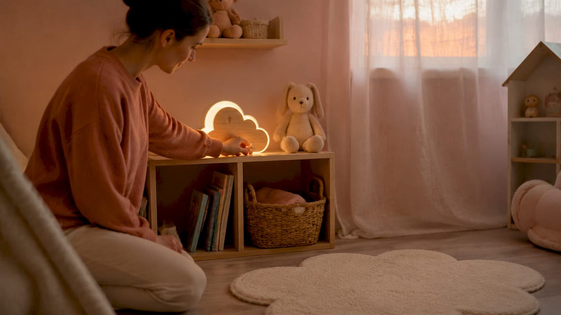 Un parent allume une veilleuse douce pour son bébé dans la chambre, créant une atmosphère rassurante avant le coucher.