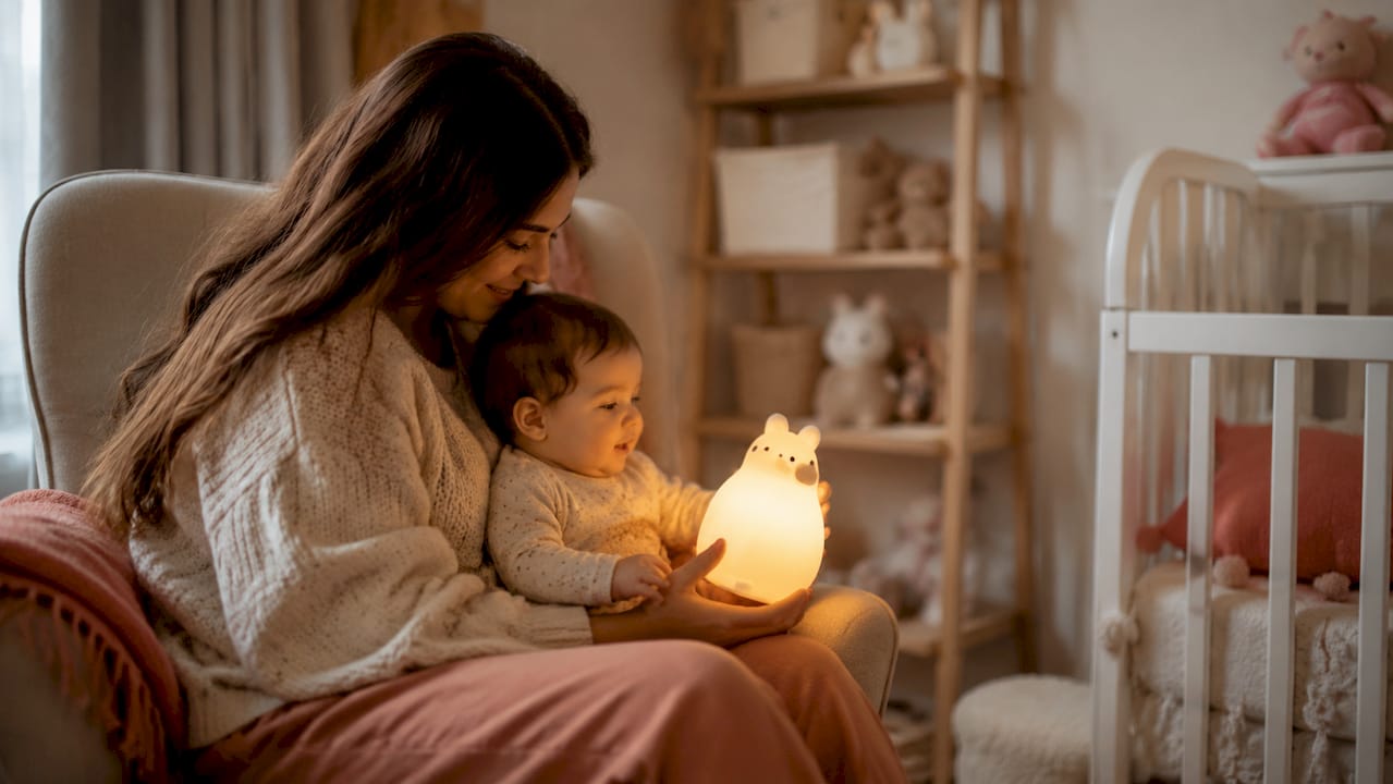 Un enfant s'endort paisiblement dans sa chambre, illuminée par la douce lueur d'une veilleuse.