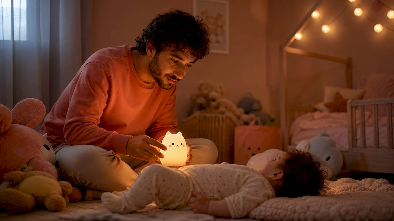 Un parent règle la veilleuse de son enfant pour la nuit.