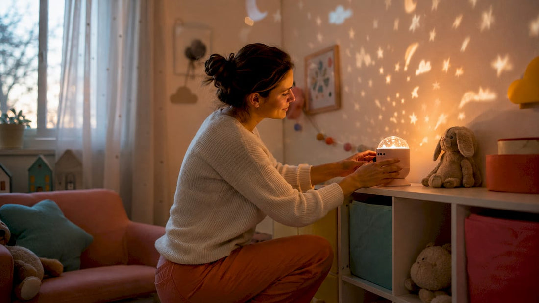 Une éducatrice installe une veilleuse à projection dans la chambre des enfants pour créer une ambiance apaisante.