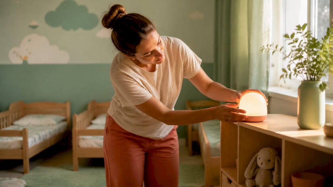 Une aide-soignante ajuste la veilleuse dans la chambre de repos de la crèche.
