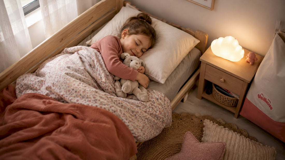 Un enfant s’endort paisiblement dans sa chambre, bercé par la lumière tamisée d’une veilleuse.