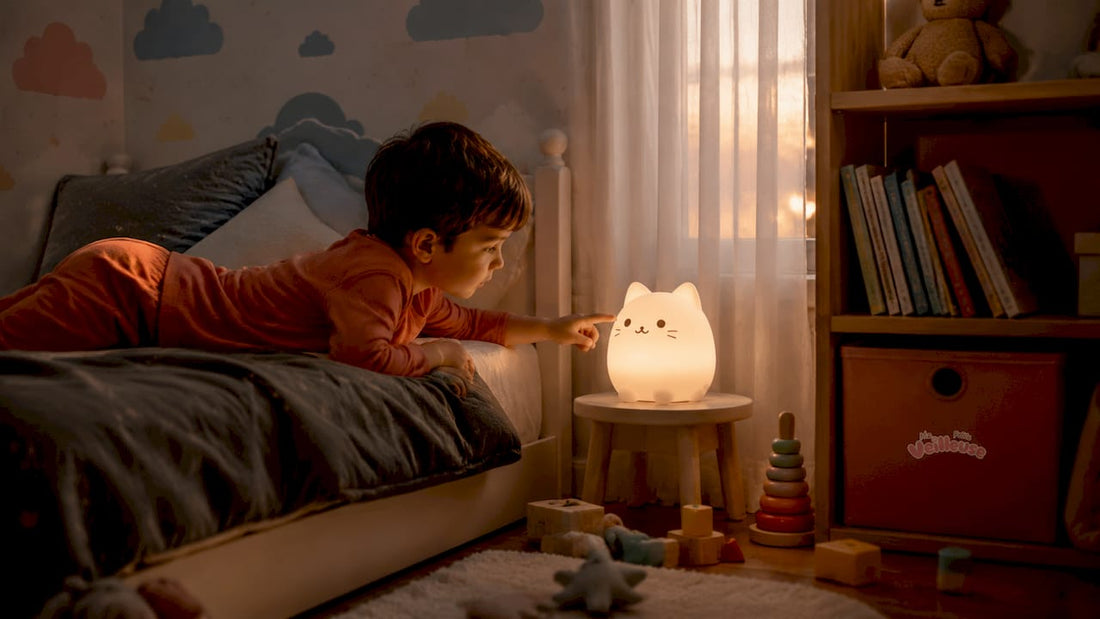 Un tout-petit tend la main vers une veilleuse douce et lumineuse.