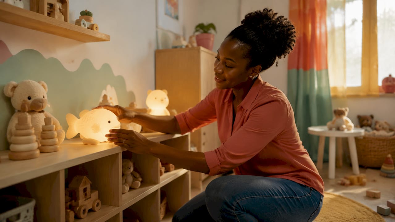 Une éducatrice ajuste la veilleuse pour plusieurs enfants dans la chambre du dortoir.