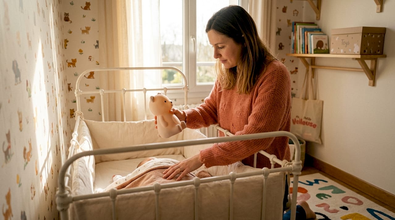 Les mains d’une maman qui tient délicatement une veilleuse dans la chambre de son bébé