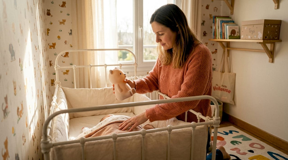 Les mains d’une maman qui tient délicatement une veilleuse dans la chambre de son bébé